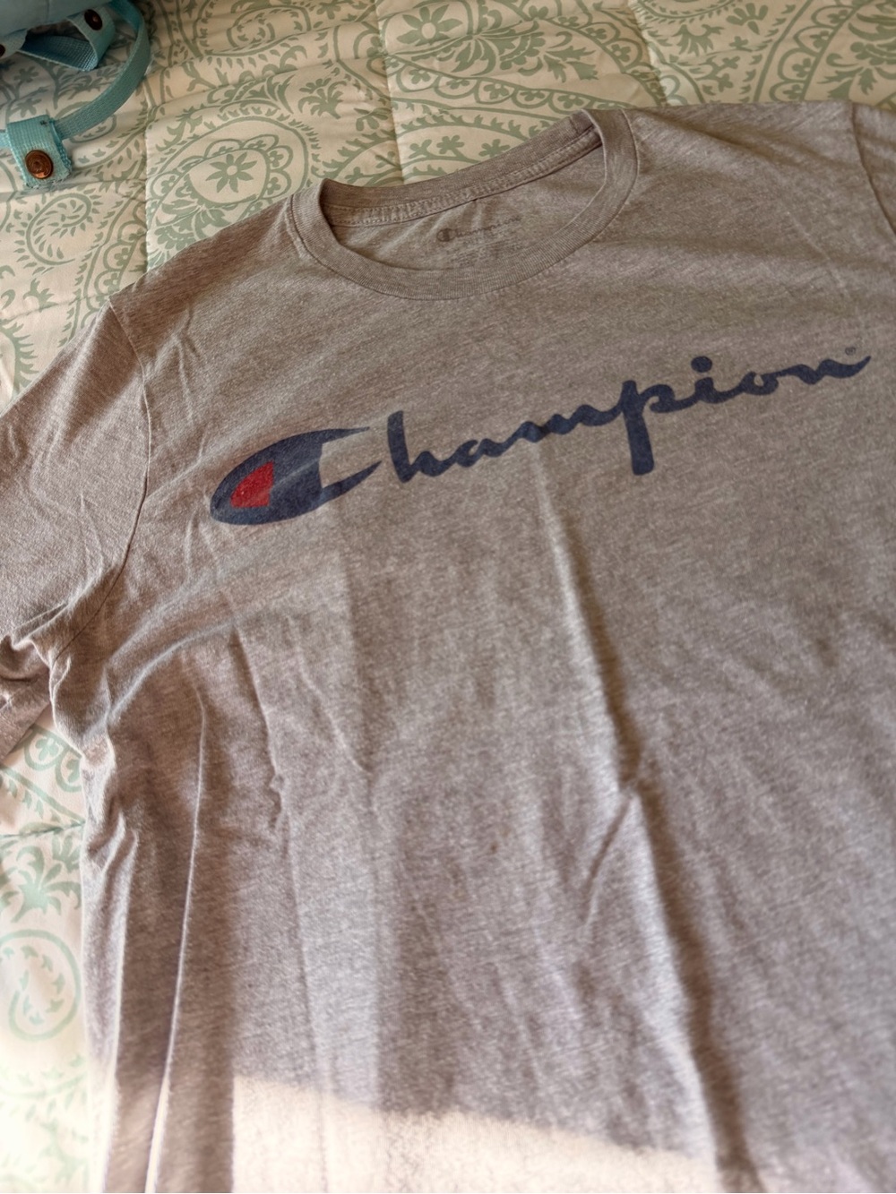 Champion Gray Short-Sleeve Logo Tee with Navy and Red Accent
